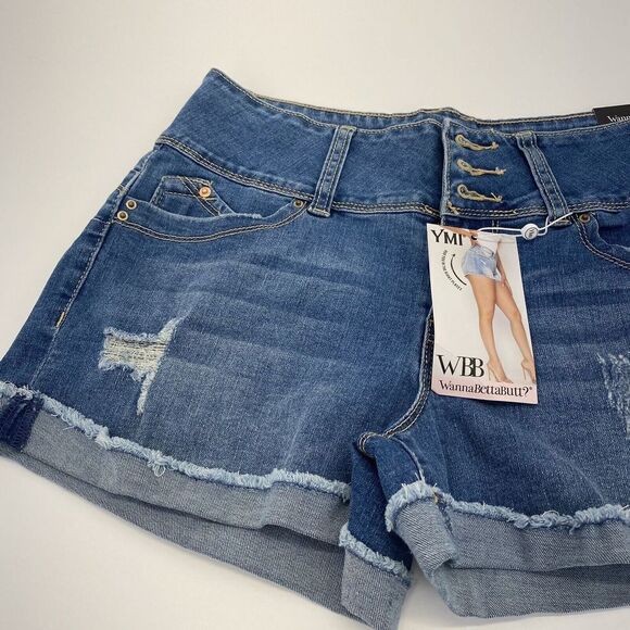 YMI Short 3 Button Denim Mid Rise Cuffs Lightly Distressed Size 7/28 new - Picture 3 of 16